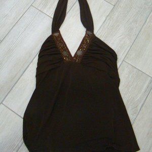 First Kiss Brown Beaded Tie Up Halter Top Size Small